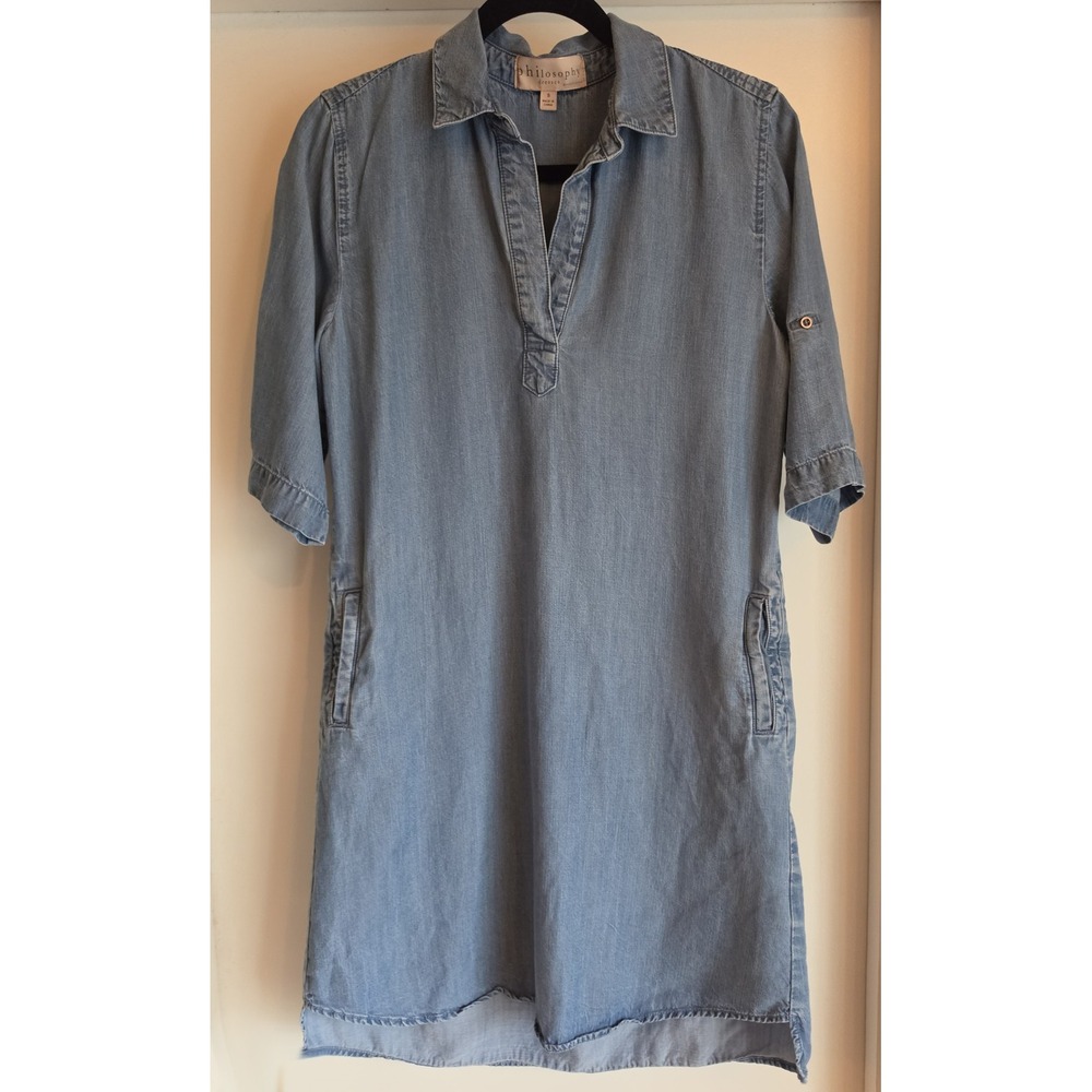 Philosophy Blue Collared Shift Dress Size S Casual Solid Short Sleeve Midi